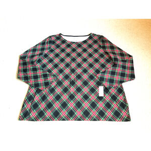 NWT Womens Top-TALBOTS-red/black/green plaid cotton stretch knit ls-1X